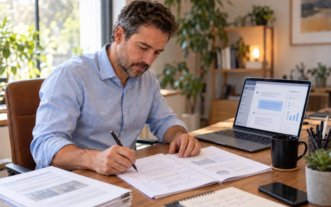 Responsable d'équipe annotant à la main un document imprimé, une conversation ouverte sur son ordinateur