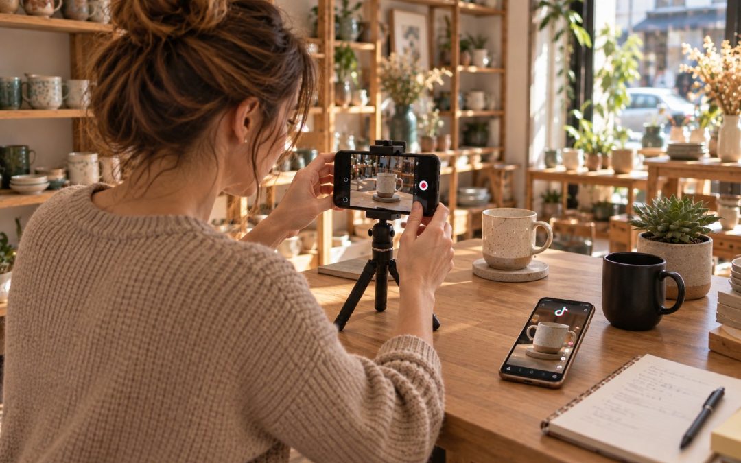 Commerçante filmant un de ses produits au smartphone dans sa boutique, pour publier sur TikTok