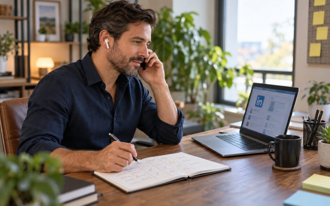 Commercial en appel avec un prospect, son suivi de prospection LinkedIn tenu à la main dans un carnet