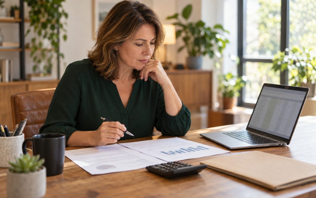 Dirigeante d'une petite entreprise revoyant le budget formation de l'année, calculatrice et documents imprimés sur son bureau