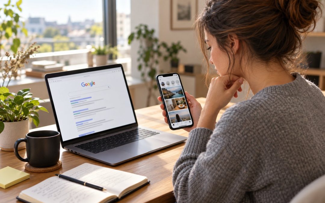 Entrepreneuse comparant un fil de réseau social sur son téléphone et une page de résultats de recherche sur son ordinateur