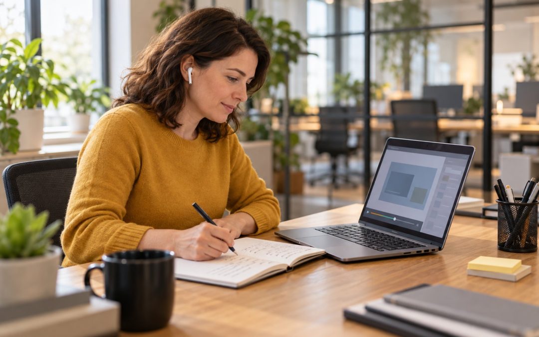 Dirigeante d'une petite entreprise suivant une formation en ligne sur son ordinateur et prenant des notes